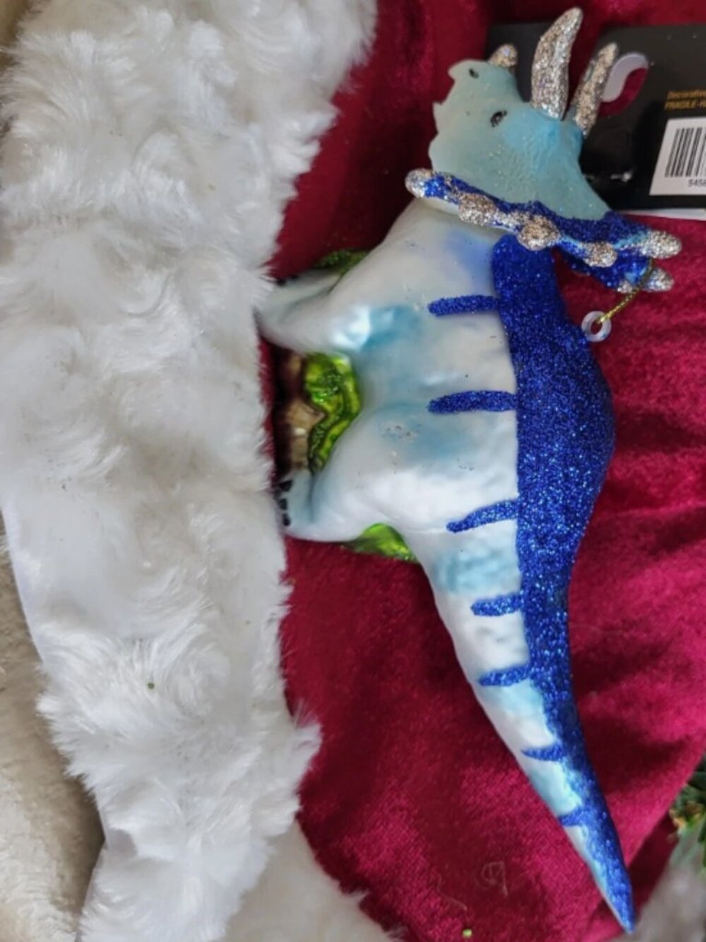 Robert Stanley Blue Glitter Triceratops Dinosaur Blown Glass Christmas Ornament